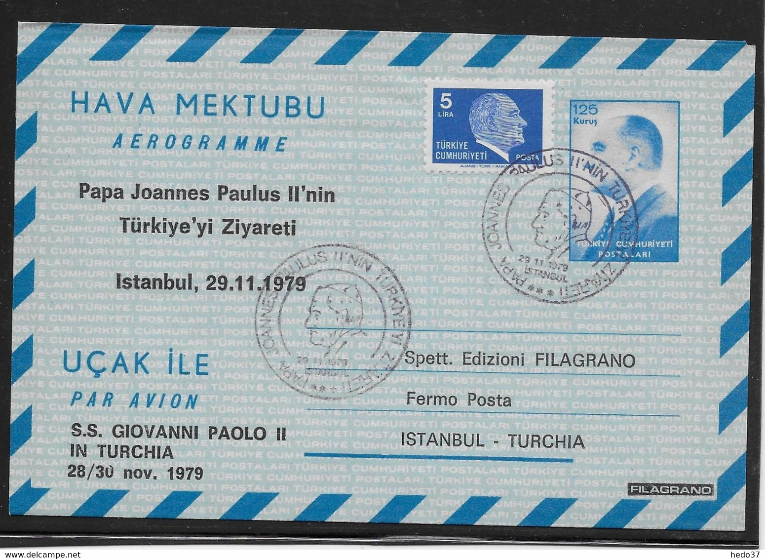 Turquie - Aérogramme - Thème Papes - TB - Postal Stationery