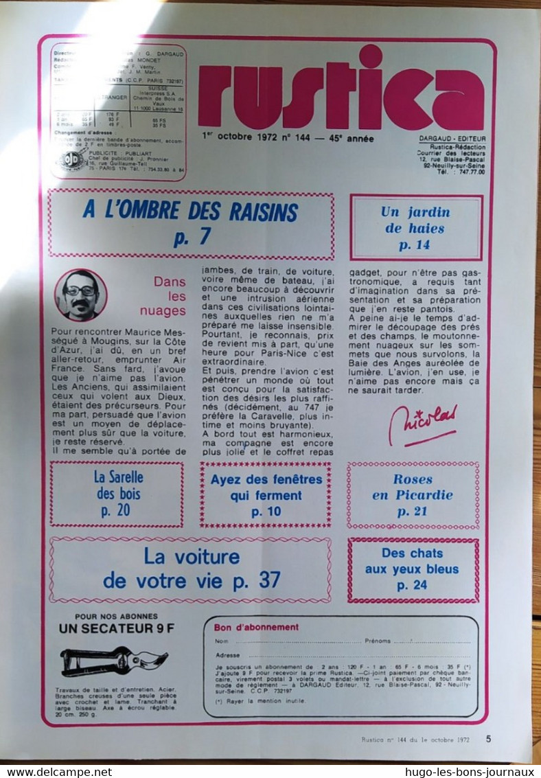 Rustica_N°144_ 1er Octobre 1972_une Tonnelle De Vigne_la Voiture De Votre Vie - Jardinage