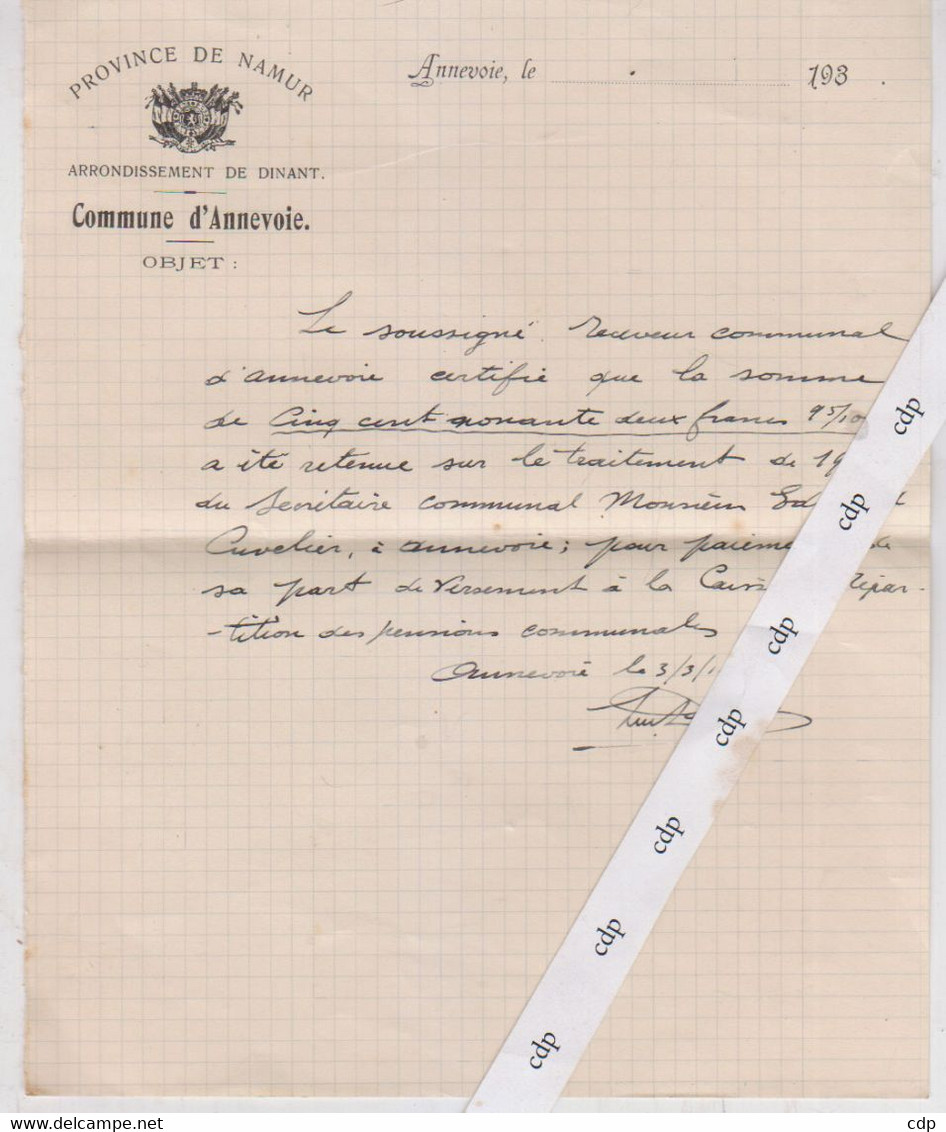 ANNEVOIE    Lettre Communale 1937 - Décrets & Lois