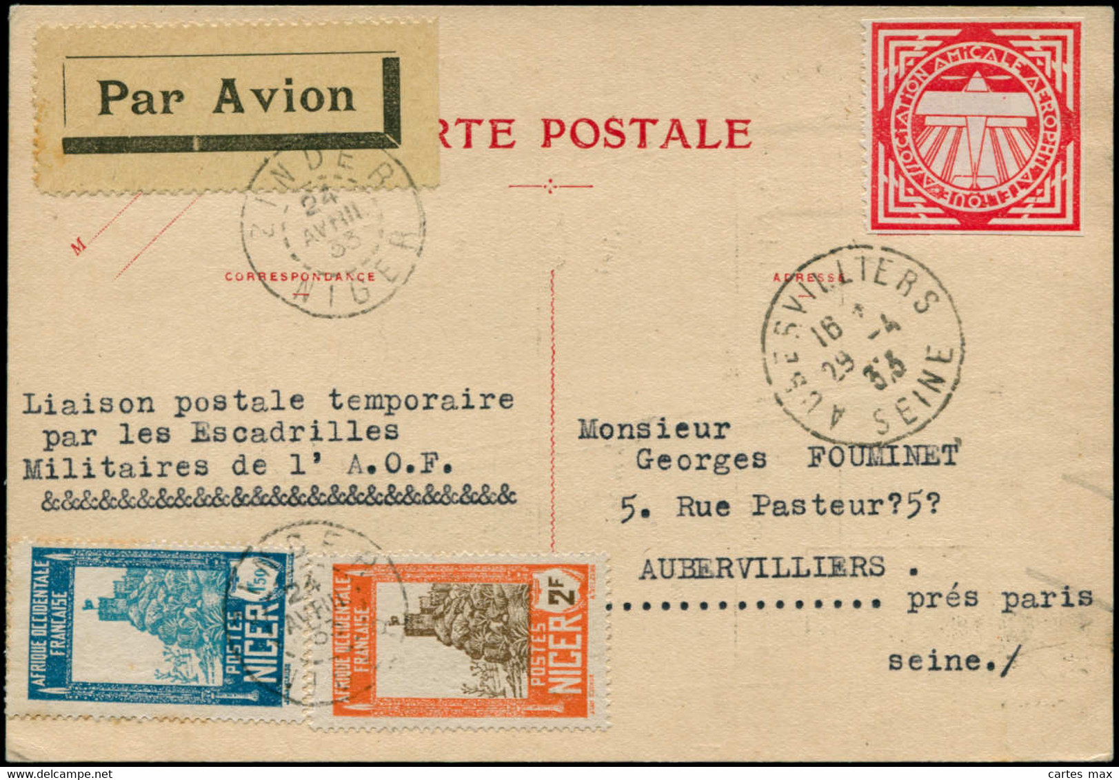 NIGER 1° Vols LET - 24/4/1933, Zinder/Alger, 6ème Voyage, Cp Spéciale Pour La France, Par Escadrille Militaire (Saul 19) - Otros & Sin Clasificación