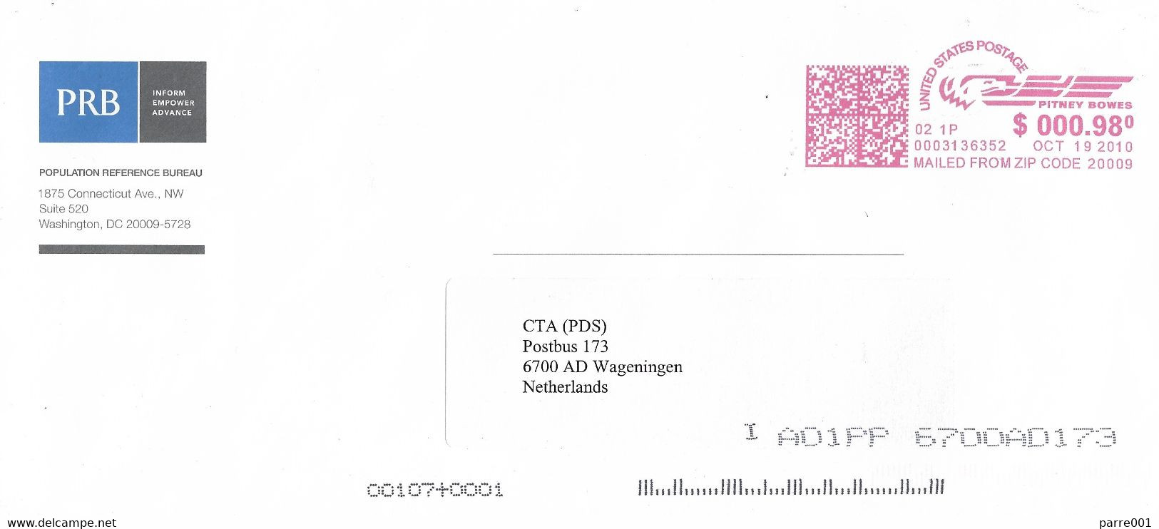 USA 2010 Washington DC Meter Pitney Bowes "DM100-400" 02 1P Population Reference Bureau Census EMA Cover - Storia Postale