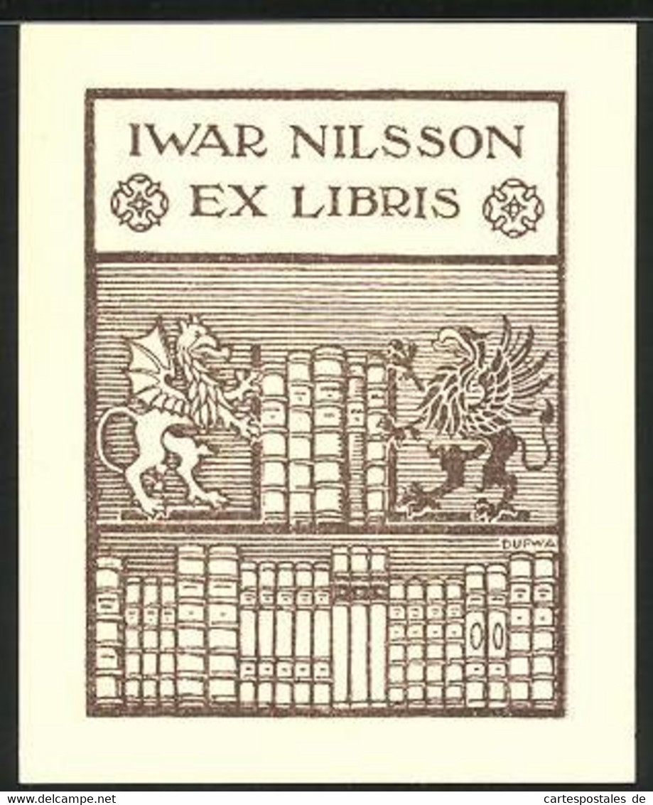 Exlibris Iwar Nilsson, Büchersammlung, Greif-Buchstütze - Ex Libris