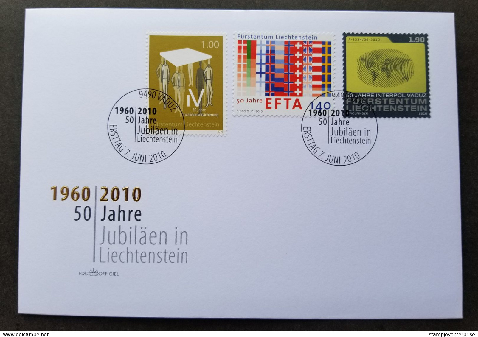 Liechtenstein 50th Anniv Disable Insurance EFTA Police Thumb Print 2010 (stamp FDC) - Covers & Documents