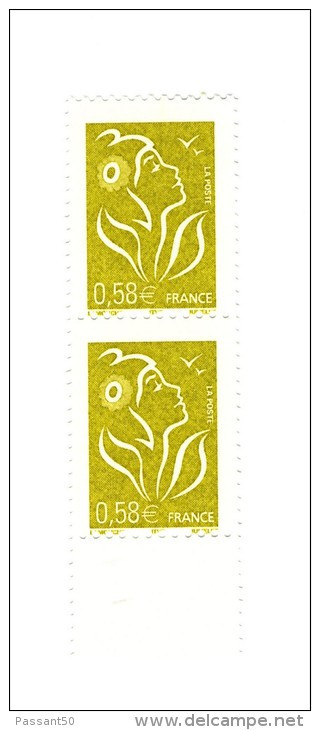 Lamouche 0.58 € Jaune Olive YT 3735 En Paire Bas De Feuille Avec Piquage Décalé à L'extrême . Pas Courant , Voir Le Scan - Ungebraucht