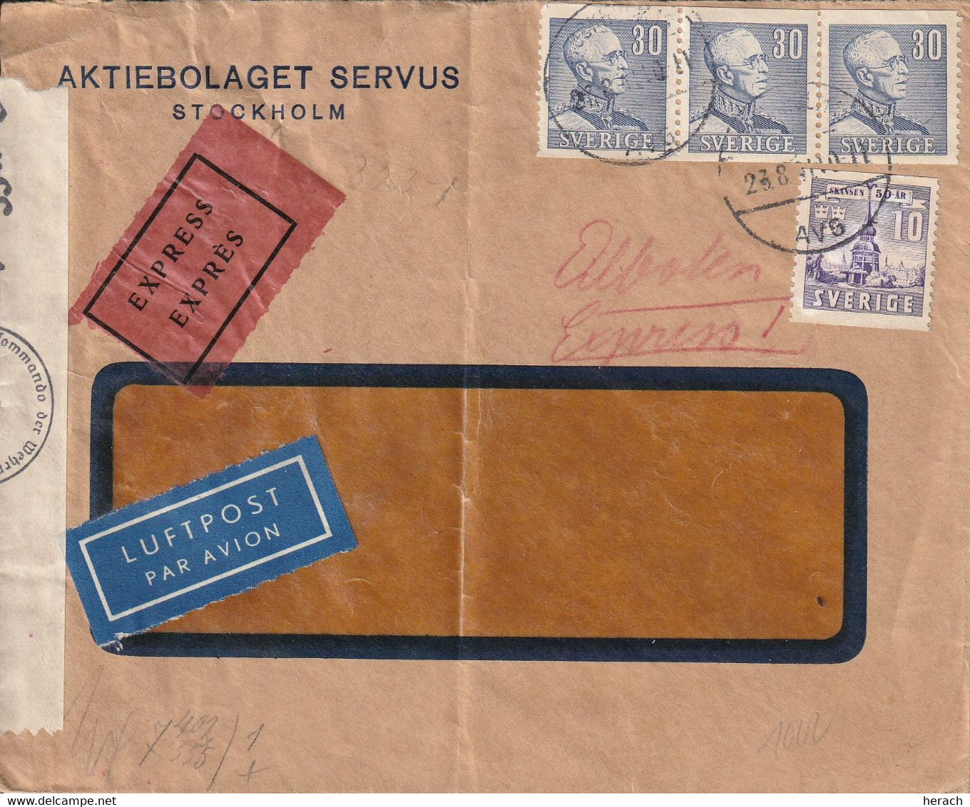 Suède Lettre Par Exprès Censurée Pour La Suisse 1941 - 1930- ... Franqueo II