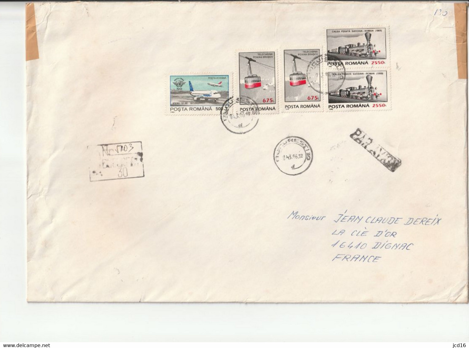 ROUMANIE ENVELOPPE 5 Timbres YT N° 4250, 4248 & PA 317  Adriana CUCU  Bucarest 1996 - Postmark Collection