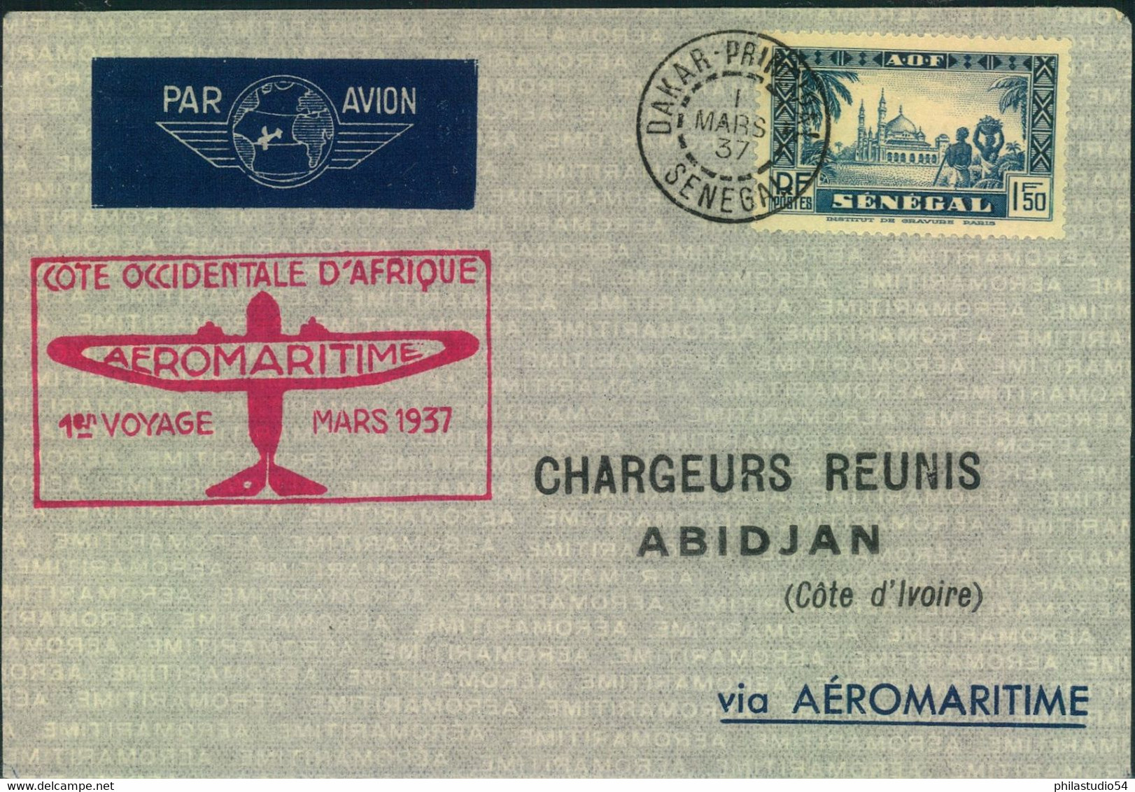 1937, Air Mail "AEROMARITIME From "DAKAR PRINCIPALE To Abidjan (Cote DÍvoire - Luchtpost