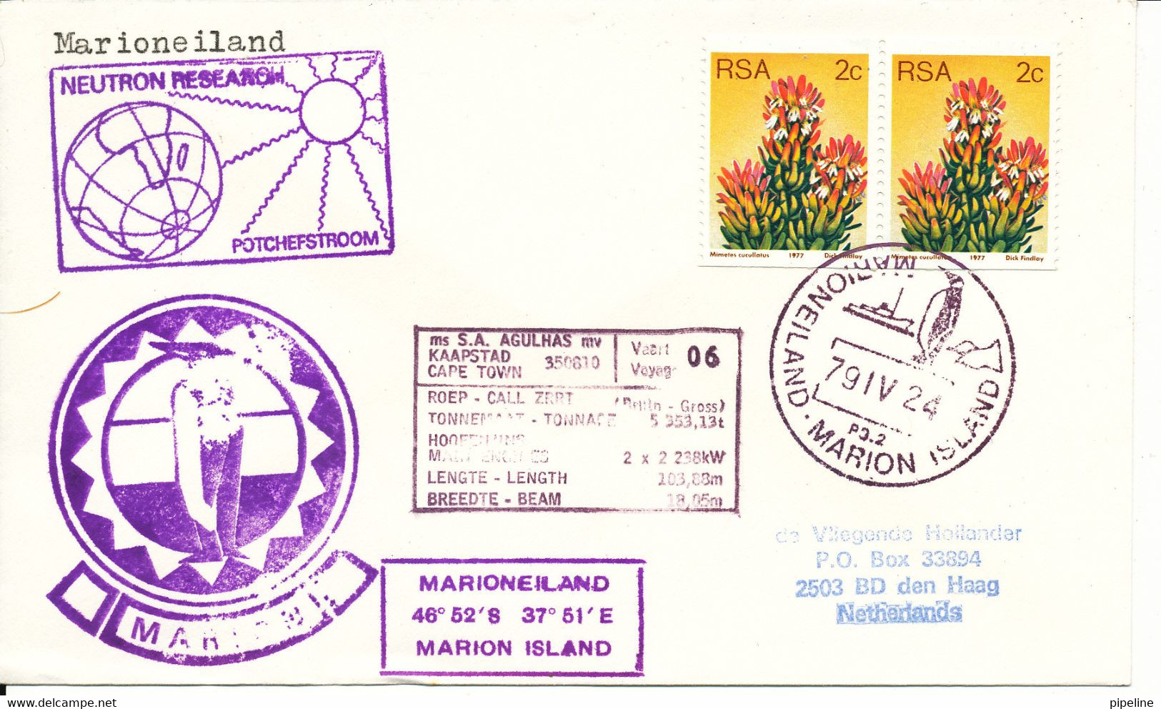 South Africa RSA Ship Cover M. S. S.A. Agulhas Marioneiland Marion Island 24-4-1979 - Briefe U. Dokumente