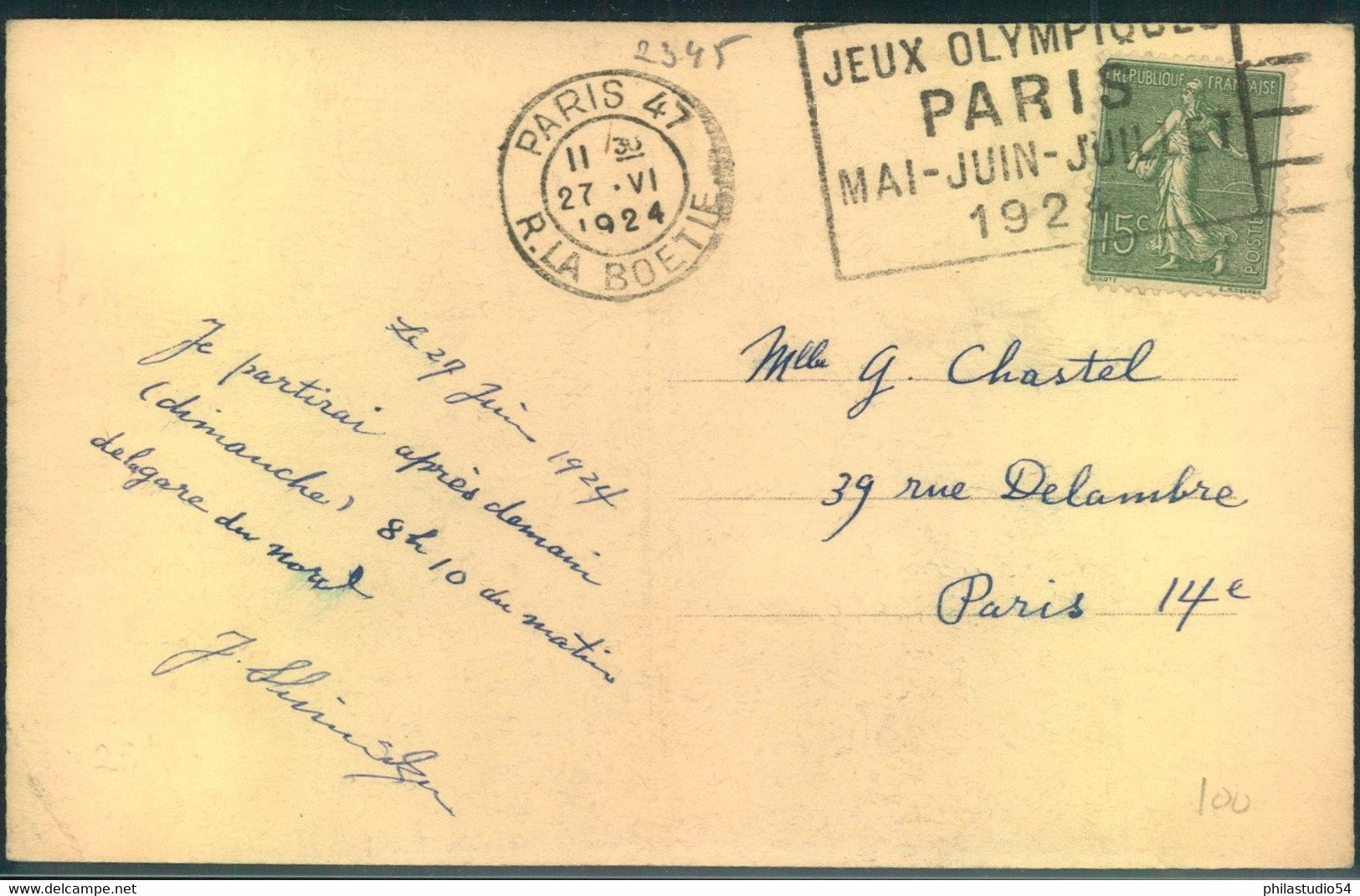 1924, Machine Cancellation "PARIS 47 R. LA  BOETIE 27 VI 1924 - Jeux Olympiques" On Postcard. - Sommer 1924: Paris