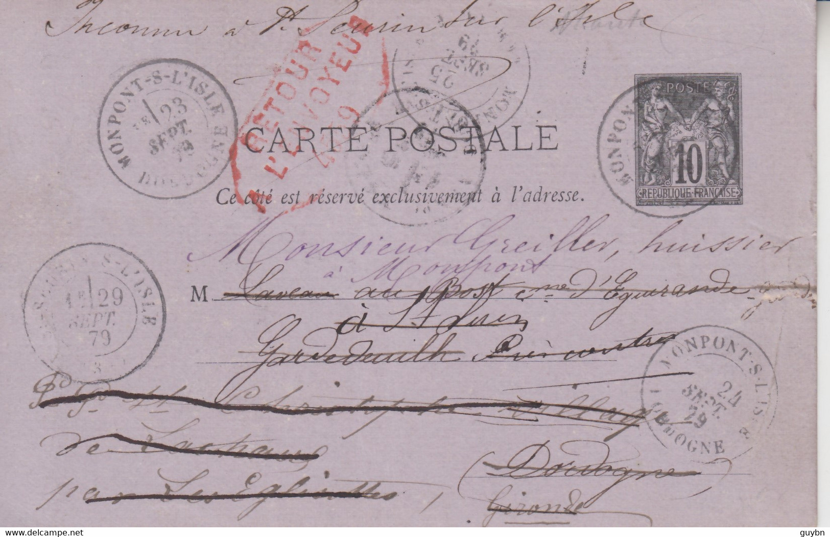 < Monpont-S-l'Isle Dordogne .. Retour à L'envoyeur En Rouge 29 Sep 79 Sur Entier 10c Sage .. Réexpédition - 1877-1920: Semi-Moderne