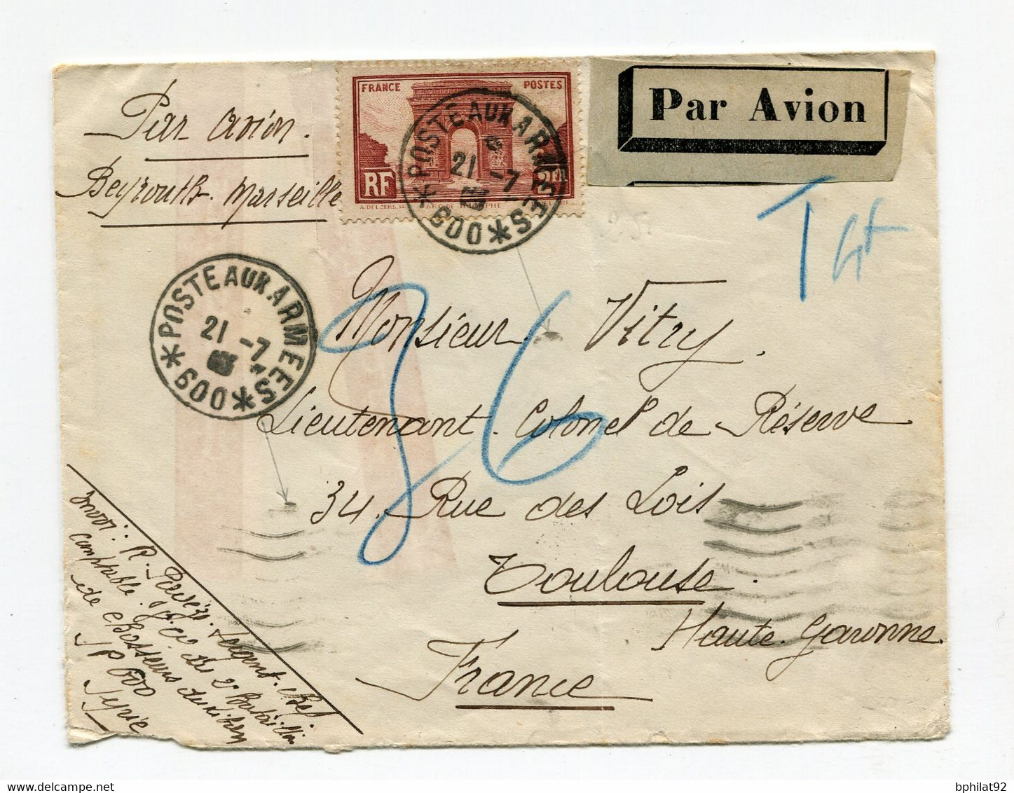 !!! CACHET SP 600 (SYRIE) SUR LETTRE DE 1933 POUR TOULOUSE, PAR AVION BEYROUTH MARSEILLE - Storia Postale