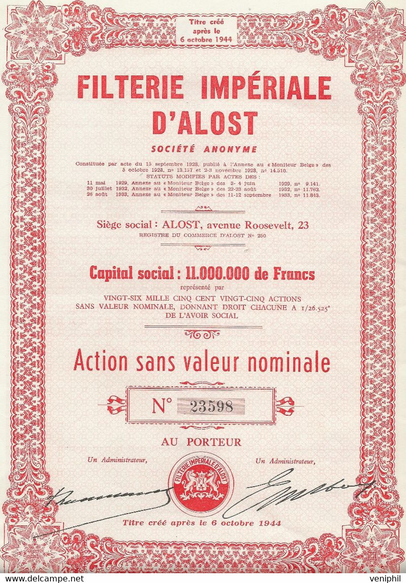 FILTERIE IMPERIALE D'ALOST - BELGIQUE - ACTION SANS VALEUR NOMINALE - ANNEE 1944 - Textiel
