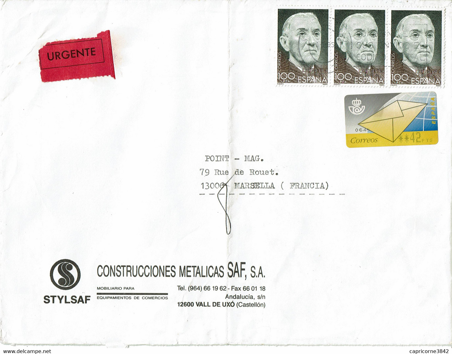 1985 - Lettre Pour La France - Tarif URGENT - PEREZ DE AYALA N° 2224 + Vignette De Guichet - Lettre Pliée Au Centre - Cartas & Documentos