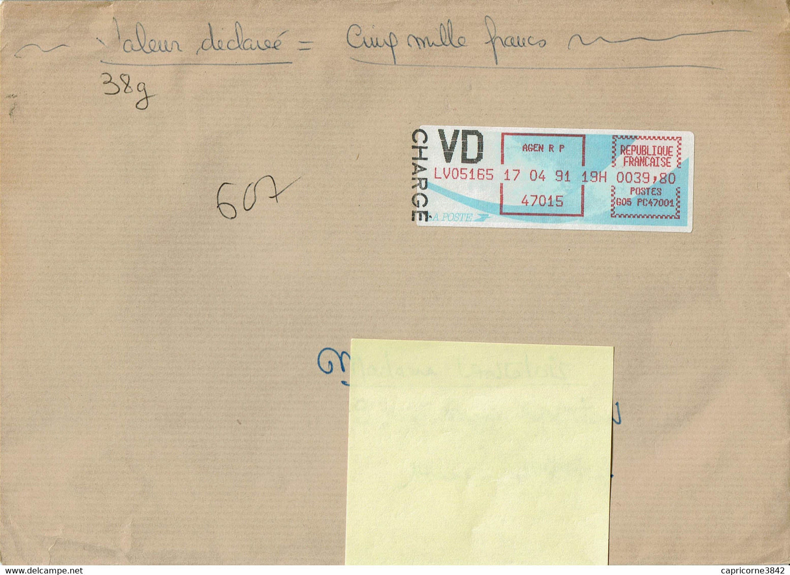 1991 - Lettre CHARGEE - VALEUR DECLAREE - Vignette D'affranchissement Type Comête 39,80fr  - 38gr -Cachets Au Verso - 1988 Type « Comète »