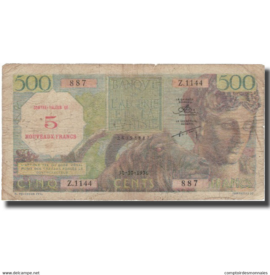 Billet, Algeria, 5 NF On 500 Francs, 1956, 1956-10-30, KM:111, TB - Algérie