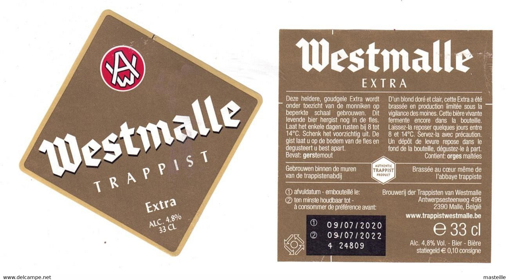 Bier Etiket Bière Trappist Westmalle Extra 33 Cl - Brouwerij Der Trappisten Van Westmalle, Malle Front + Back - Beer