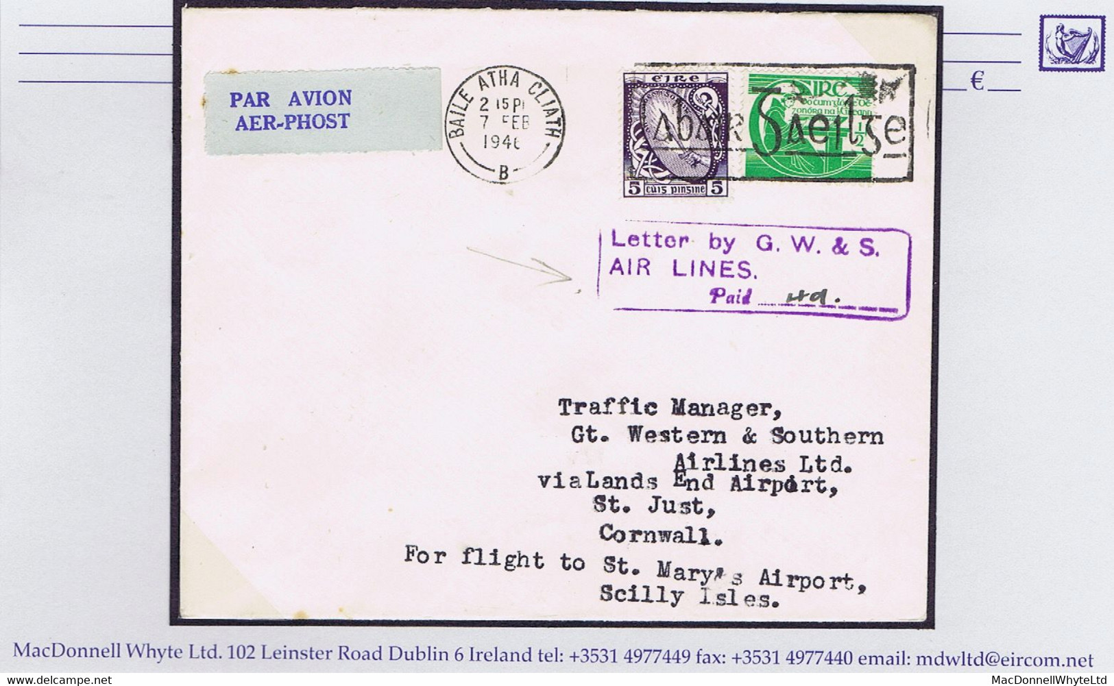 Ireland Airmail 1946 Irish Acceptance For First Flight Penzance To Scilly Isles, Cover From Dublin - Posta Aerea