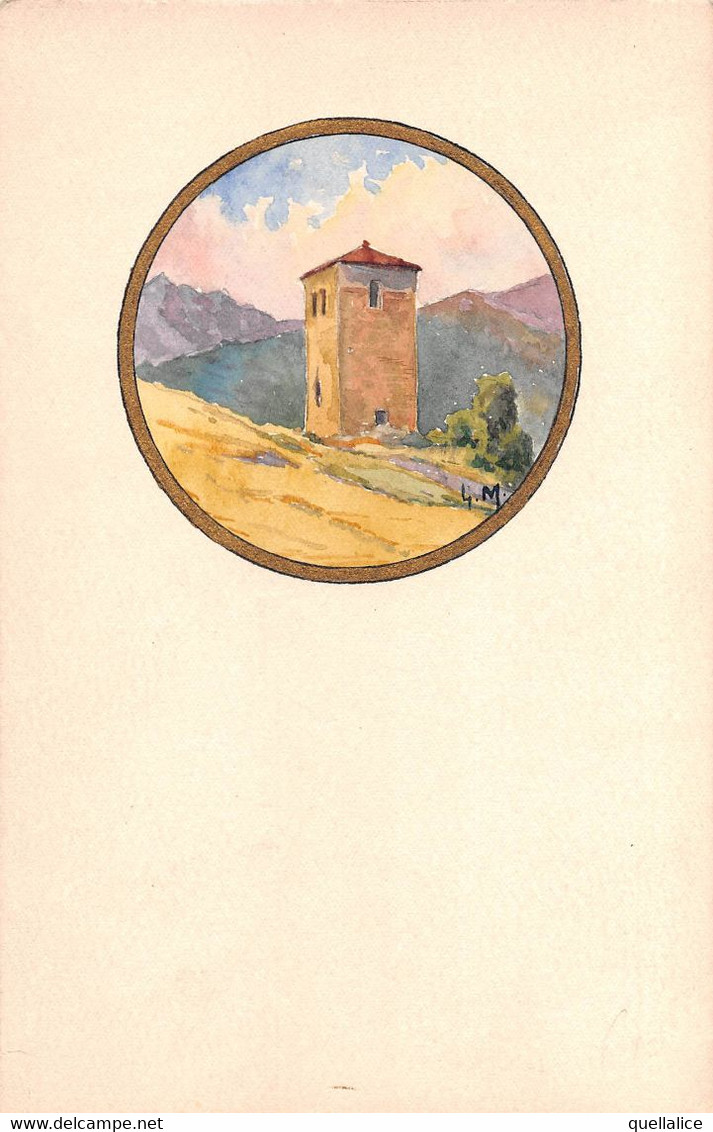 02795 "TORRE DI VEDETTA - CARTONC. CON DISEGNO ORIG. IN ACQUERELLI ED INCHIOSTRO ORO" - Acuarelas