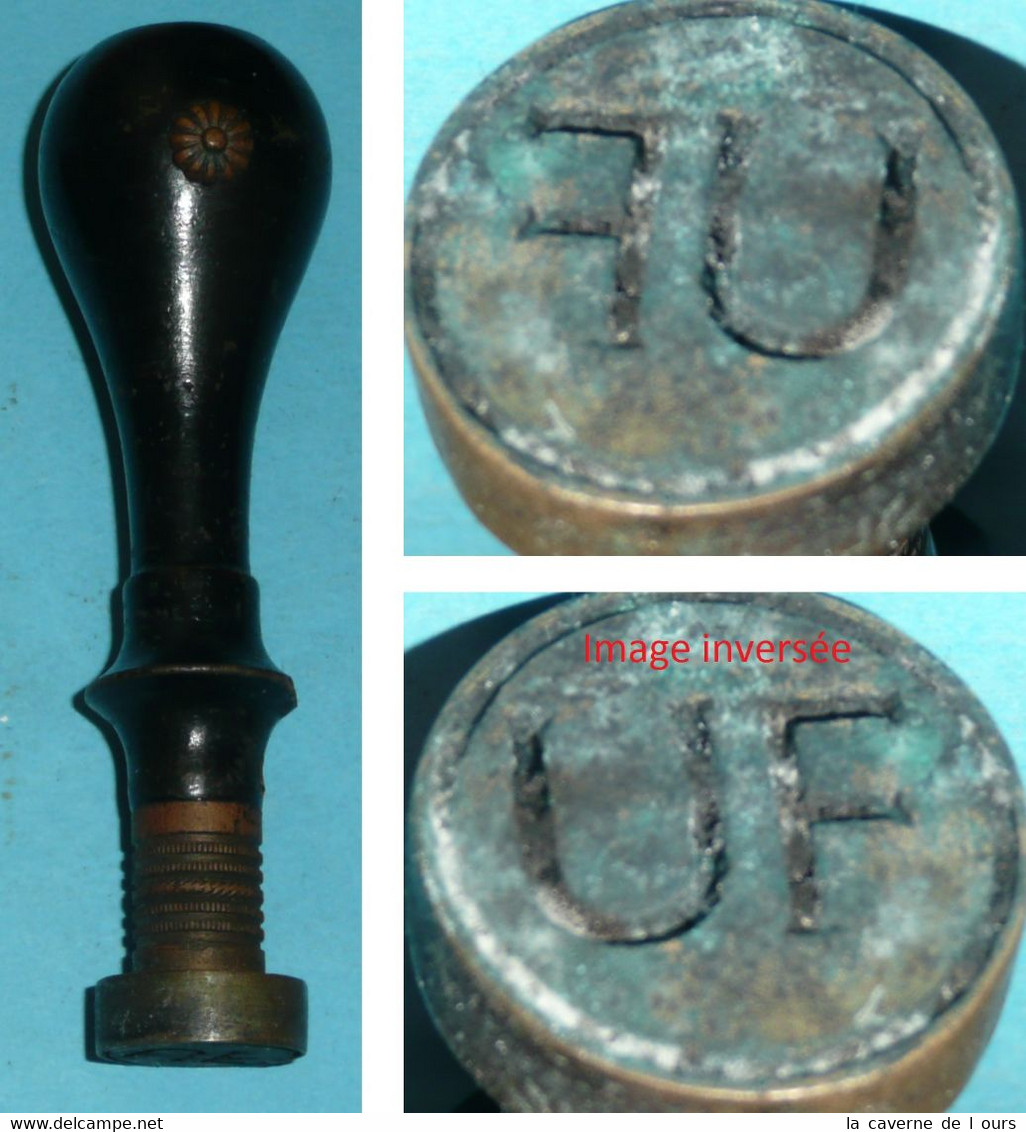 Ancien Cachet à Cire Sceau En Bois Et Bronze, Lettres Initiales UF, Monogramme - Seals