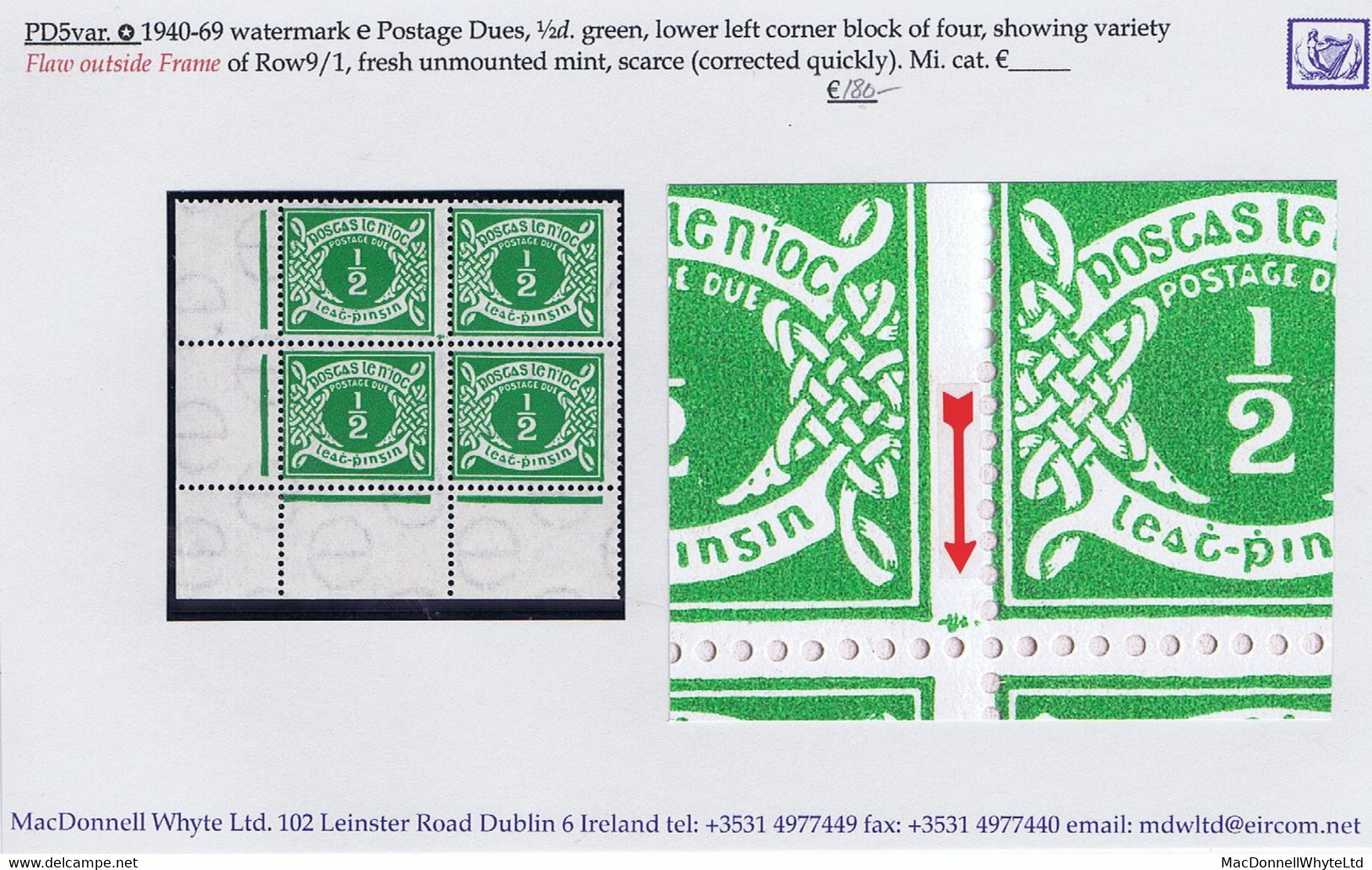 Ireland 1940-69 Watermark E ½d Green Var. "Flaw Outside Frame" Of Row 9/1 In A Corner Block Of 4 Mint Unmounted - Portomarken