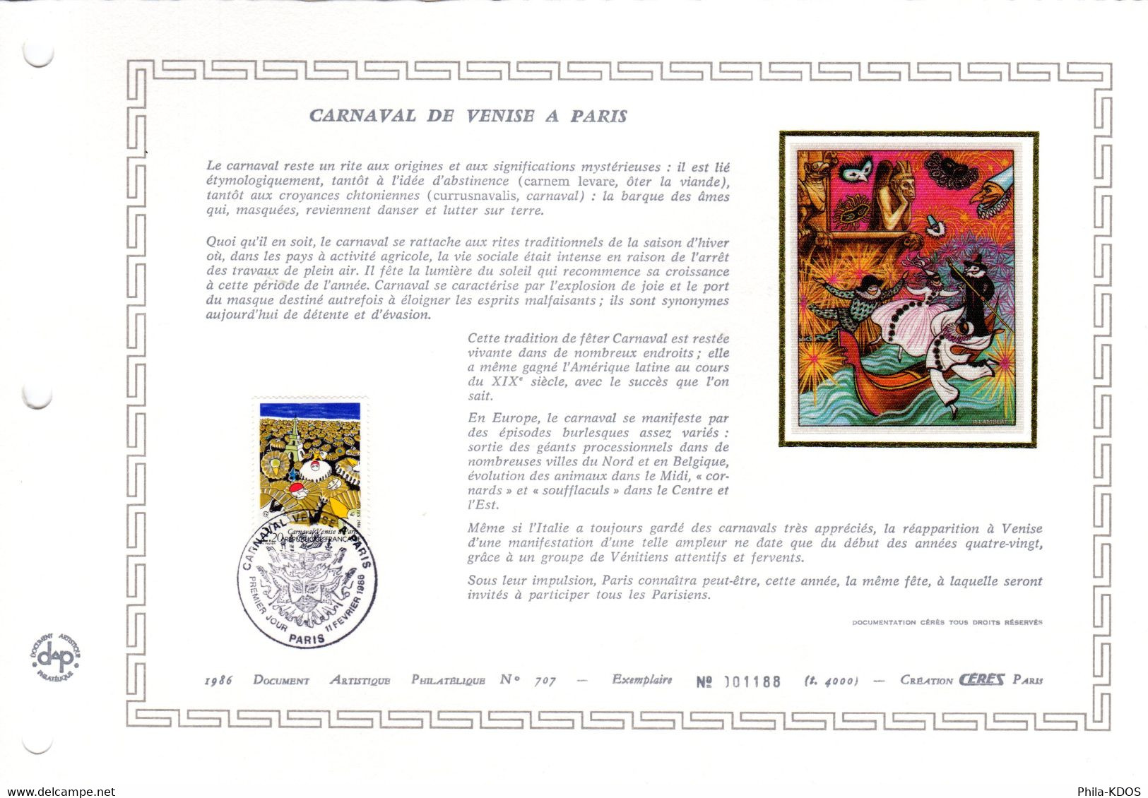 " CARNAVAL DE VENISE " Sur Document Artistique Philatélique 1er Jour Sur Soie N°té Rare 4000 Ex. De 1986 N° YT 2395. FDC - Carnaval