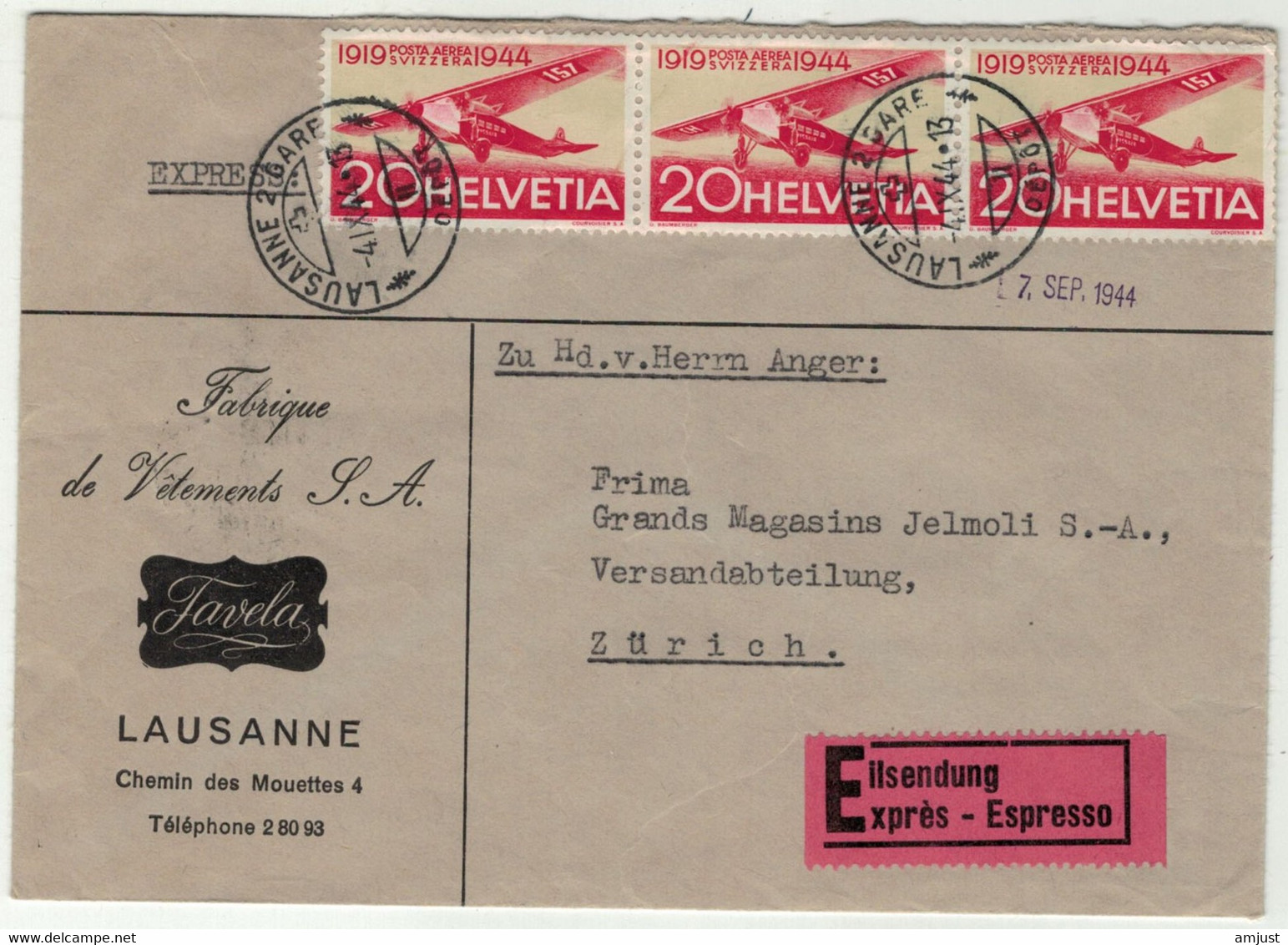 Suisse // Schweiz // 1940-1944 //  Lettre Exprès De Lausanne Pour Zurich 4.09.1944 - Other & Unclassified