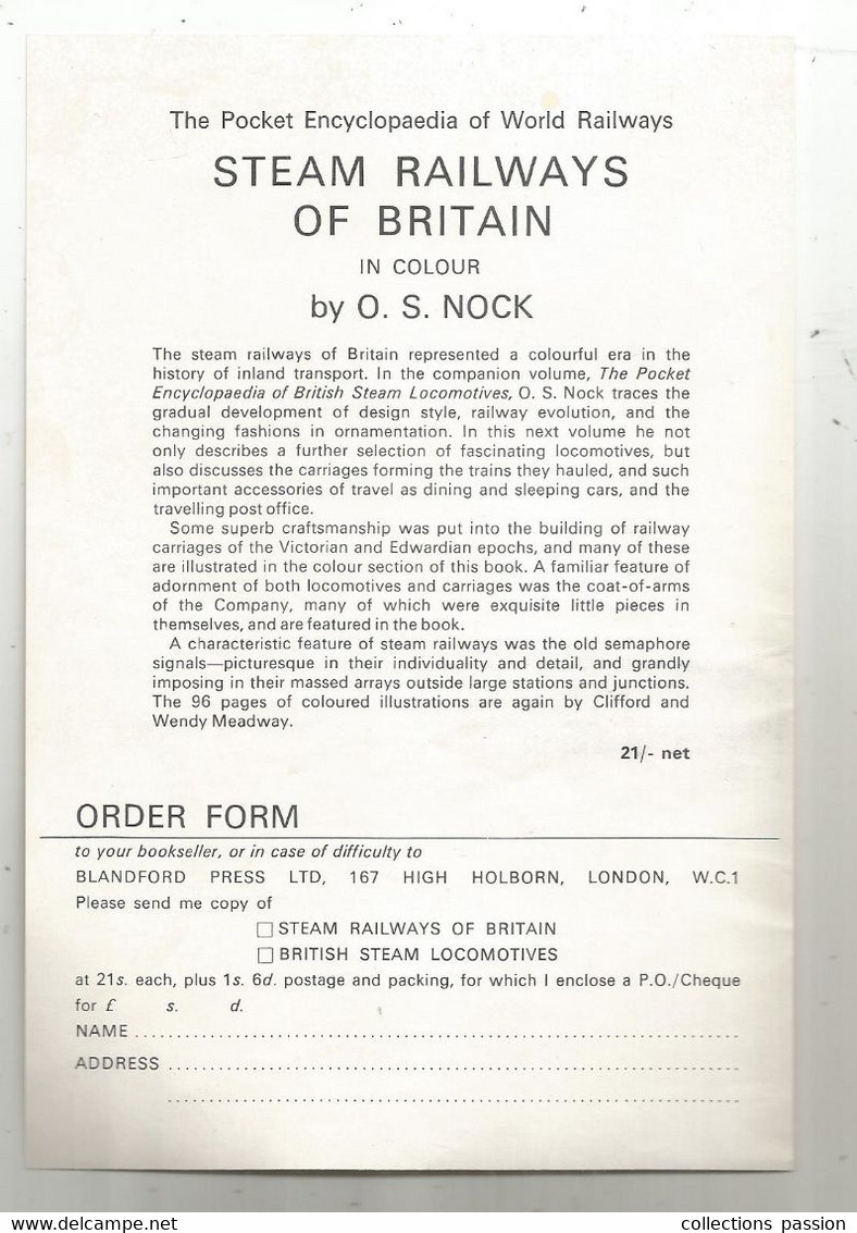 Publicité, The Pocket Encyclopaedia Of World Railways STEAM RAILWAYS OF BRITAIN , Chemin De Fer, Trains, Frais Fr 1.65 E - Advertising
