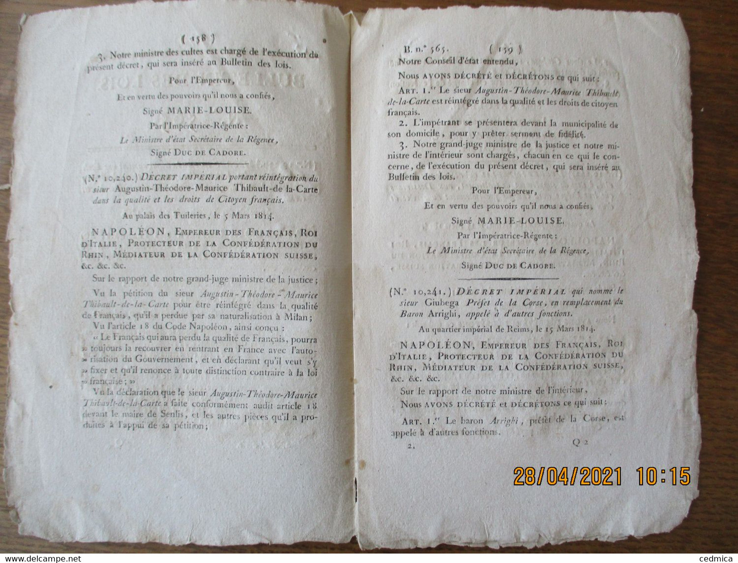 BULLETIN DES LOIS N° 565 DECRET IMPERIAL QUI NOMME LE SIEUR GIUBEGA PREFET DE CORSE,ECOLE GRATUITE  A BEZIERS POUR LES J - Décrets & Lois