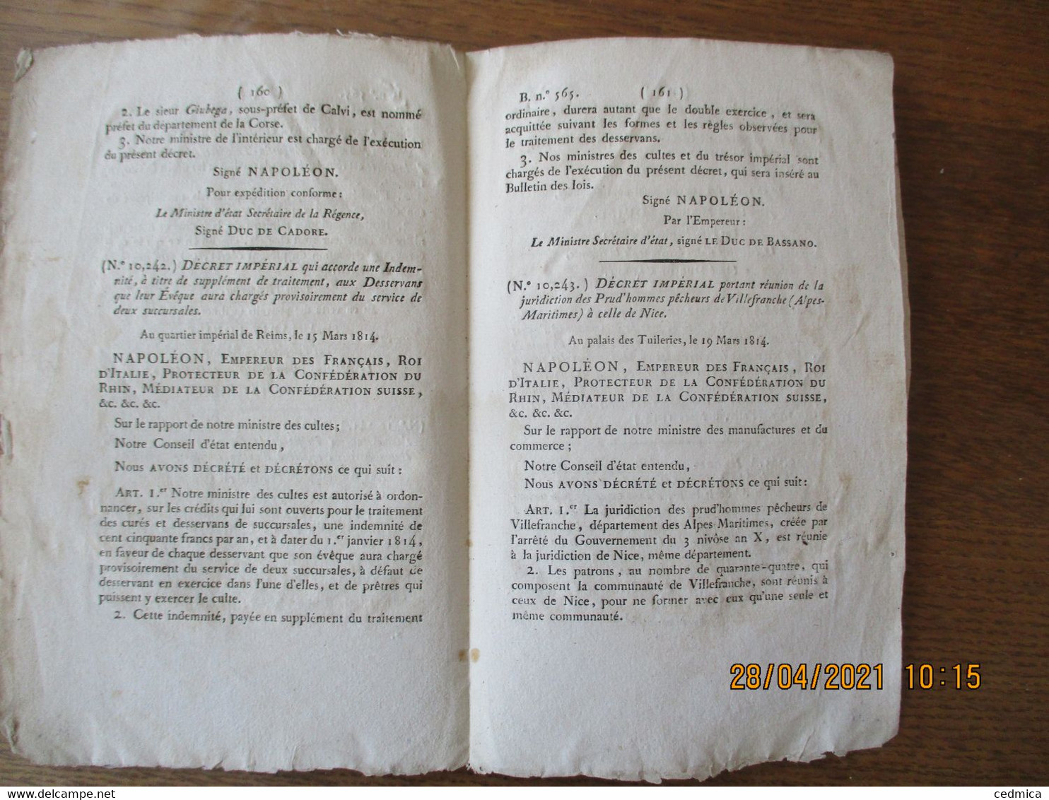 BULLETIN DES LOIS N° 565 DECRET IMPERIAL QUI NOMME LE SIEUR GIUBEGA PREFET DE CORSE,ECOLE GRATUITE  A BEZIERS POUR LES J - Décrets & Lois