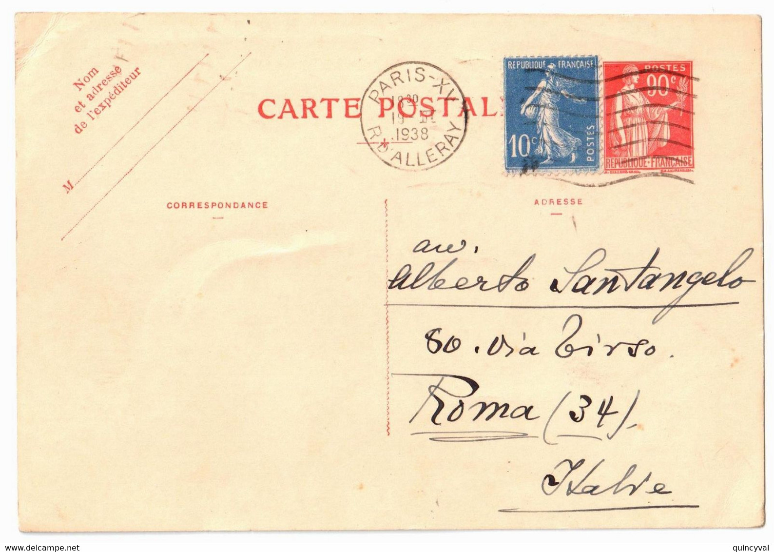 PARIS XV R Alleray Carte Postale Entier 90c Paix Laurens 10c Semeuse Bleu Yv 279 285-CP-CP1 Rome Italie Ob Meca FRANKERS - Standard- Und TSC-AK (vor 1995)