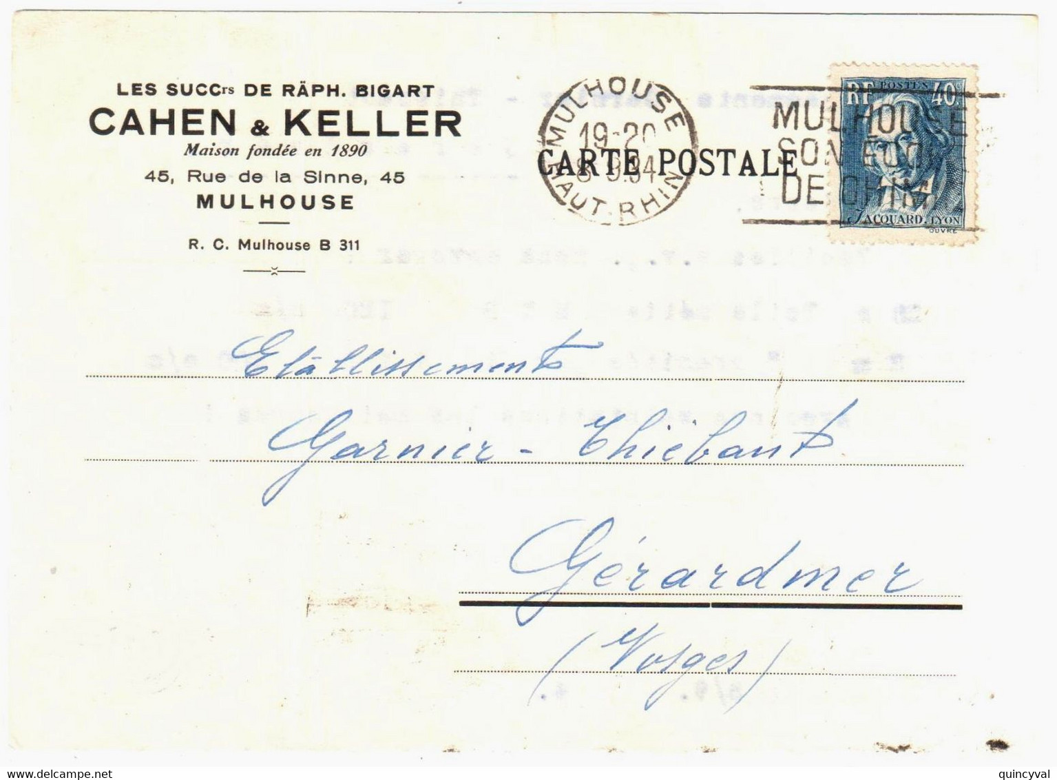 MULHOUSE Haut Rhin Carte Postale Commerciale Entête CAHEN KELLER 40c Jacquard Yv 295 Ob Meca Universal 1934 Dest Vosges - Cartas & Documentos