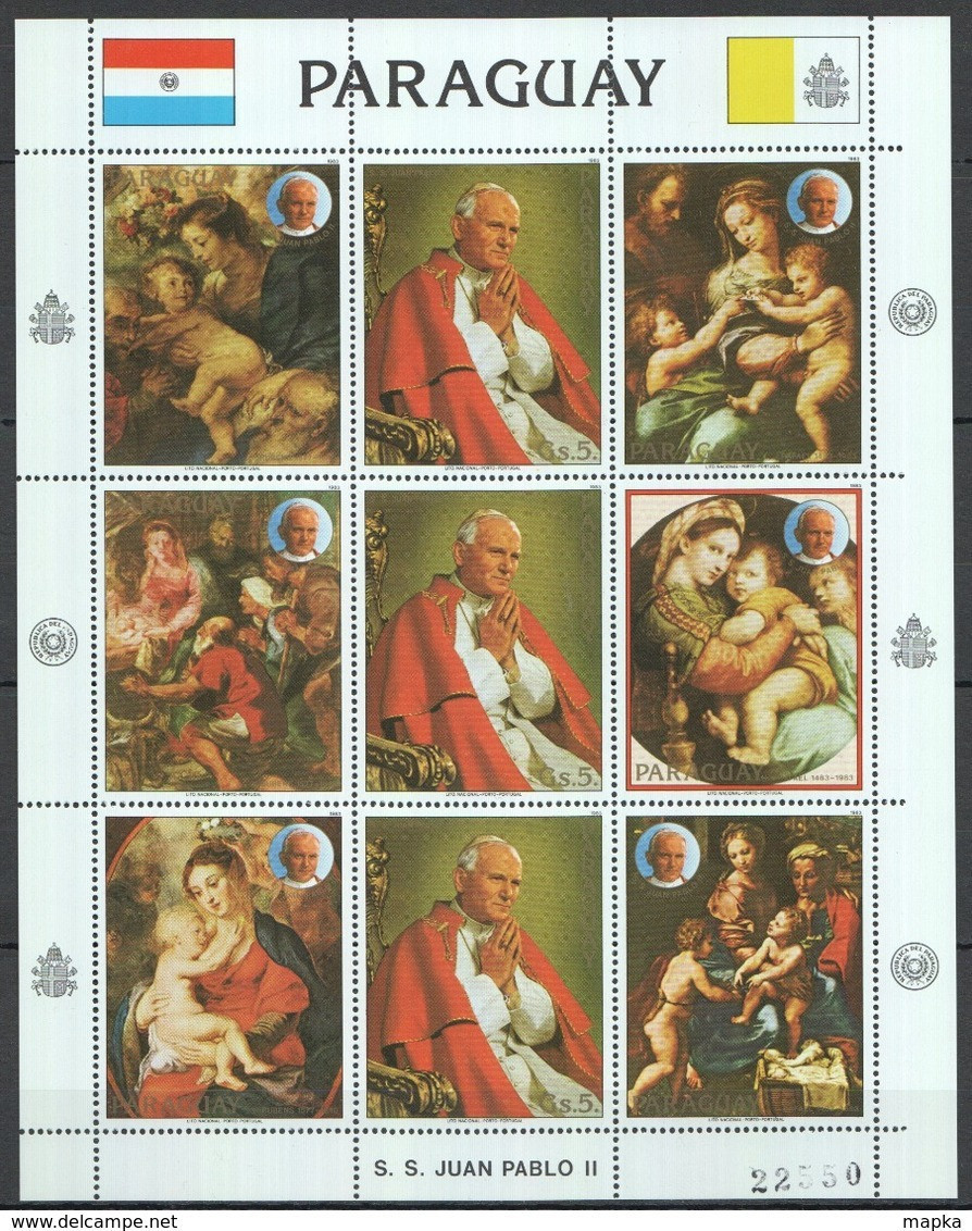 EC177 1983 PARAGUAY ART RAPHAEL RUBENS POPE JOHN PAUL II MICHEL 24 EURO 1KB MNH - Pausen