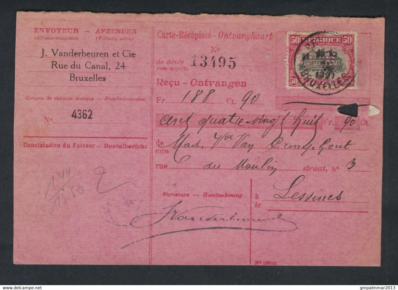 PERFIN / PERFO Ontvangkaart Verzonden Van BRUSSEL Naar LESSINES Met Firmaperforatie J.V. , Staat Zie 3 Scans ! LOT 232 - 1909-34