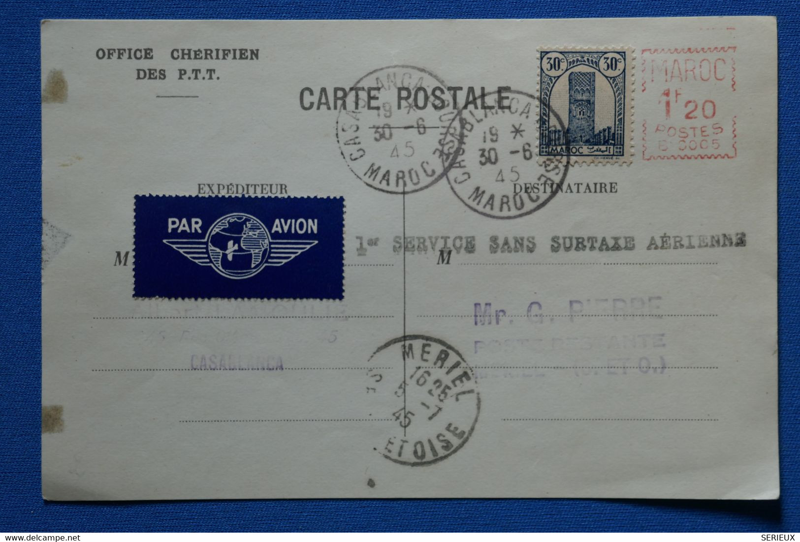 R16 MAROC BELLE CARTE 1945 OFF CHERIFIEN PAR AVION CASABLANCA POUR MERIEL FRANCE IER SERVICE+ AFFRANCH  PLAISANT - Lettres & Documents