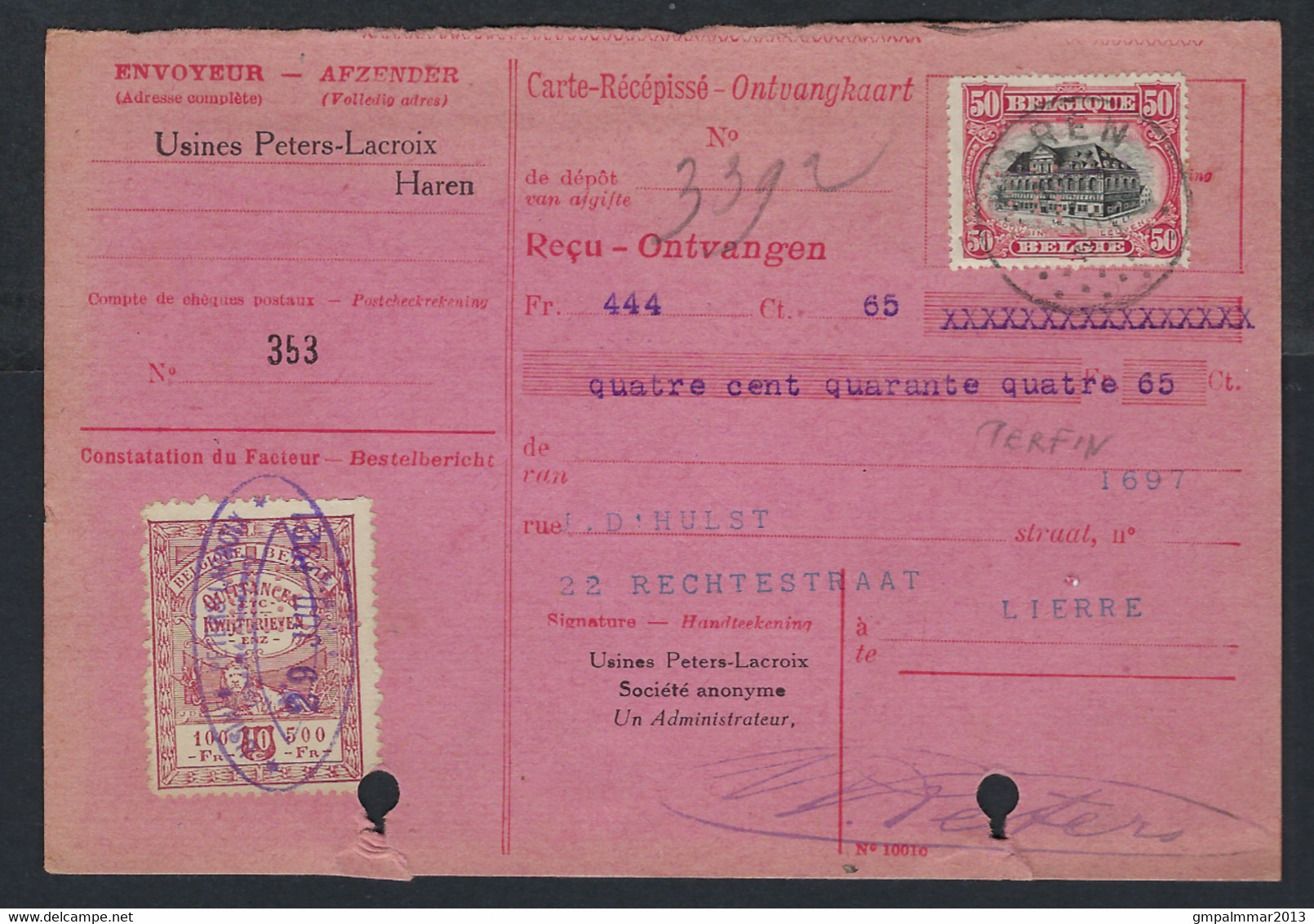 PERFIN / PERFO Ontvangkaart Verzonden Van HAREN Naar LIER Met Firmaperforatie U.P.L. , Staat Zie 2 Scans ! LOT 232 - 1909-34