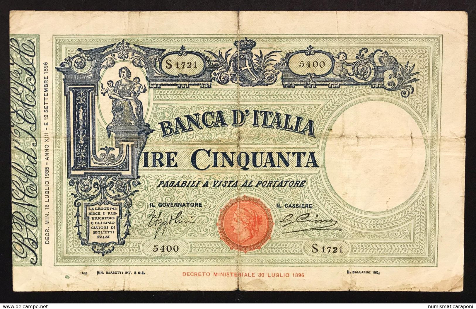 50 Lire Matrice Laterale Fascio 16 07 1935 Lievi Restauri Ma Bei Colori  LOTTO 3504 - 50 Lire