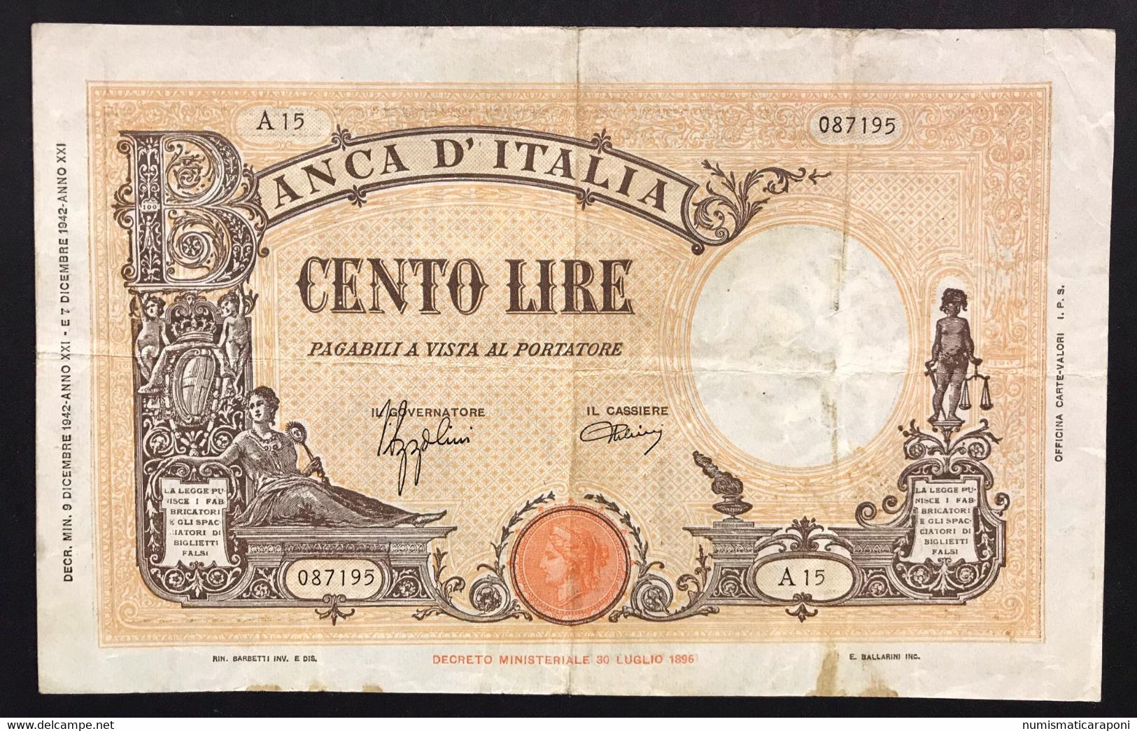 100 Lire Grande B Fascio 09 12 1942 Naturale  LOTTO 3508 - 100 Lire