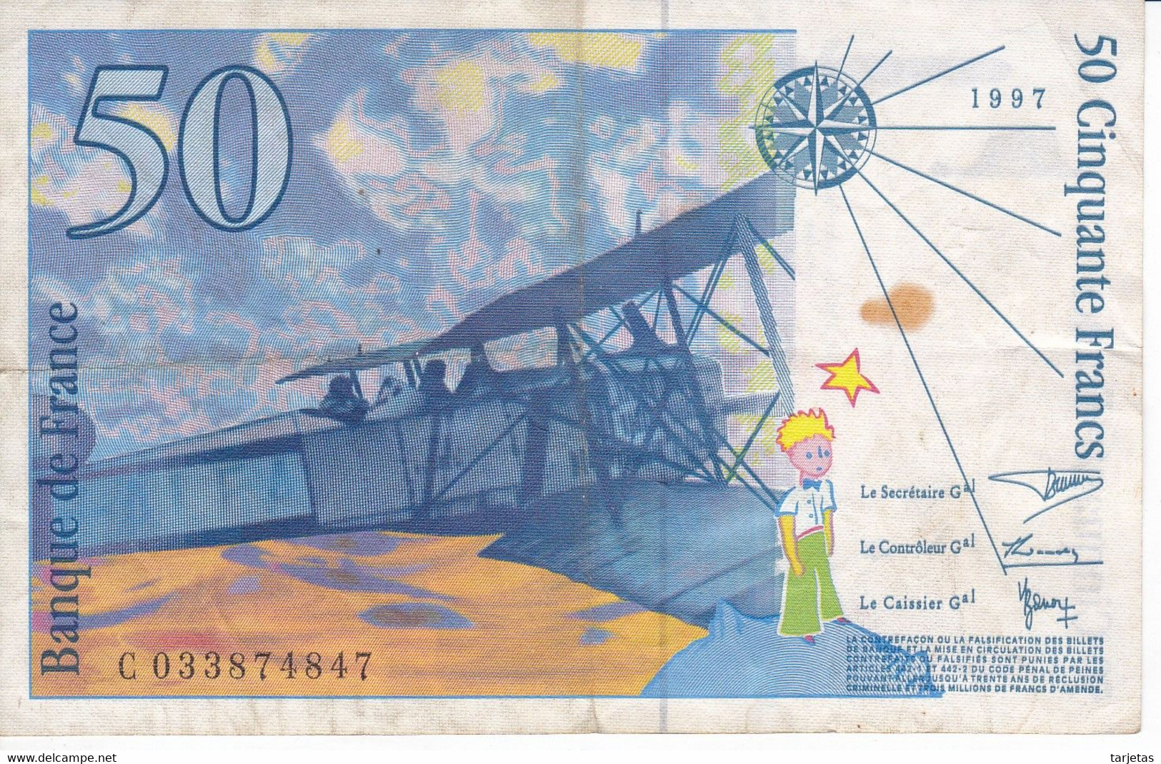 BILLETE DE FRANCIA DE 50 FRANCS DEL AÑO 1997  (BANKNOTE) EXUPERY - 50 F 1992-1999 ''St Exupéry''