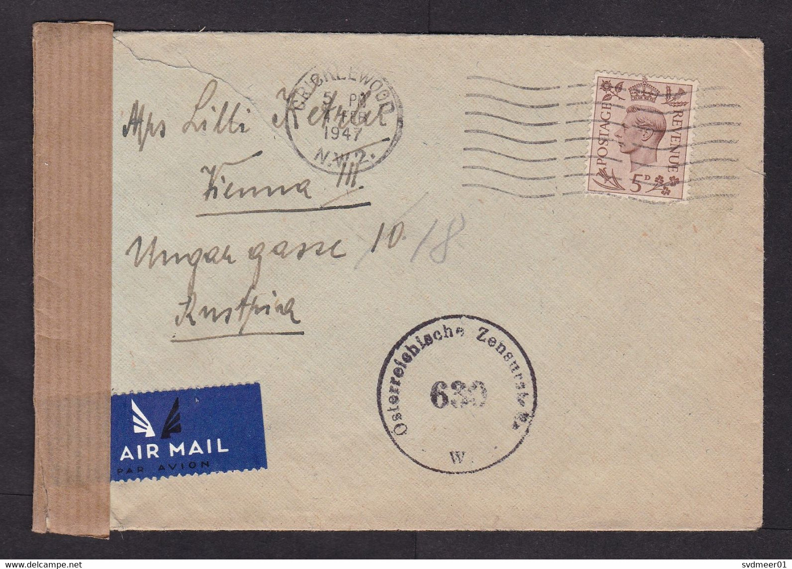 UK: Airmail Cover To Austria, 1947, 1 Stamp, King George VI, KGVI, Censored, Censor Label & Cancel (damaged) - Covers & Documents