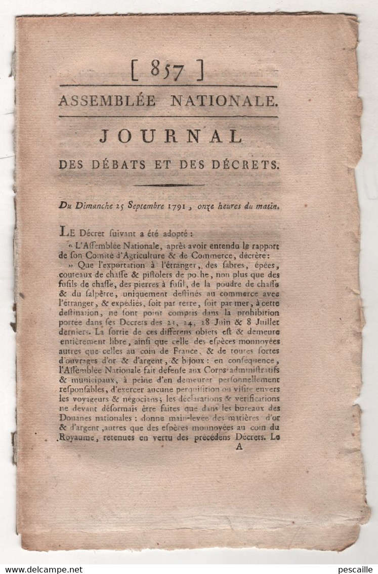 REVOLUTION FRANCAISE JOURNAL DES DEBATS 25 09 1791 - EXPORTATION D'ARMES - DEFENSE DES FRONTIERES - DISCIPLINE MILITAIRE - Journaux Anciens - Avant 1800