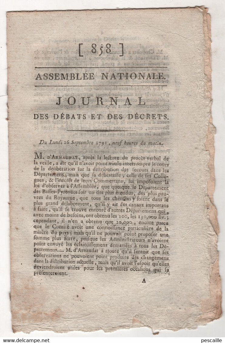 REVOLUTION FRANCAISE JOURNAL DES DEBATS 26 09 1791  BASSES PYRENEES - BIBLIOTHEQUES - AISNE LAON - BAR - BIENS NATIONAUX - Giornali - Ante 1800