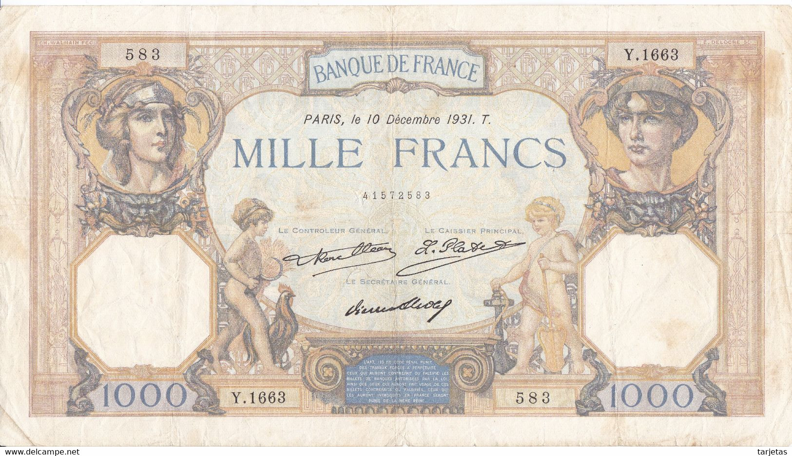 BILLETE DE FRANCIA DE 1000 FRANCS DEL 10-12-1931  (BANKNOTE) CERES E MERCURE - 1 000 F 1927-1940 ''Cérès Et Mercure''