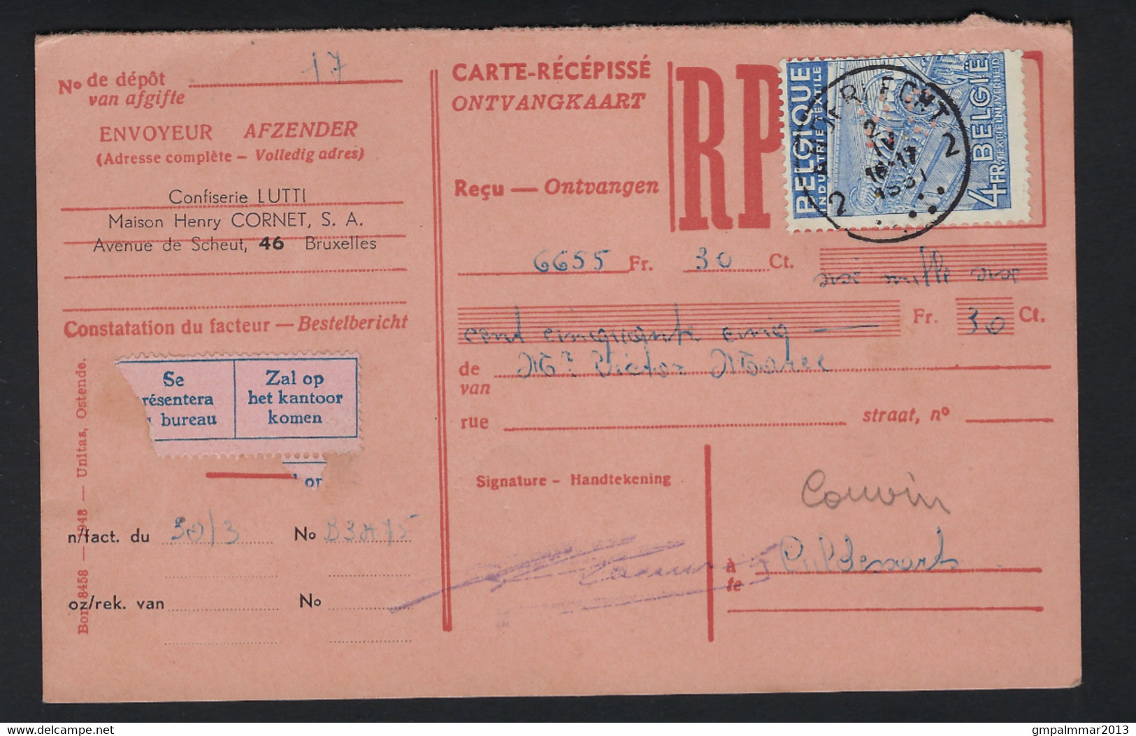 PERFIN / PERFO EXPORT Nr. 770 Op Ontvangkaart Met Firmaperforatie H.C. Te Anderlecht-Bruxelles ! LOT 232 - 1934-51