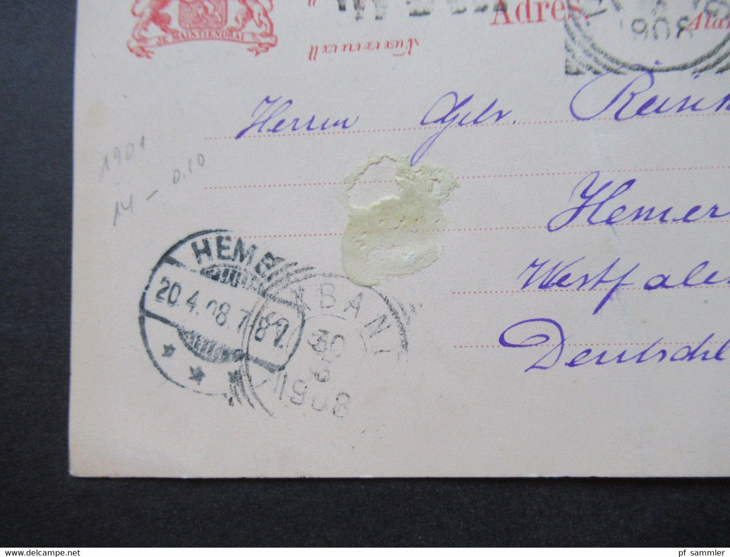 Niederländisch Indien 1908 GA Mit 5 Stempeln U.a. Taroetoeng (2) Nach Hemer Gesendet Anfrage Nach Photopapier 48x64 - Niederländisch-Indien