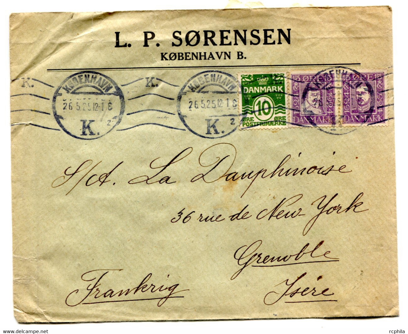 RC 21021 DANEMARK 1925 LETTRE N° 159 + 160 EN PAIRE DE COPENHAGUE POUR GRENOBLE FRANCE COVER - Brieven En Documenten