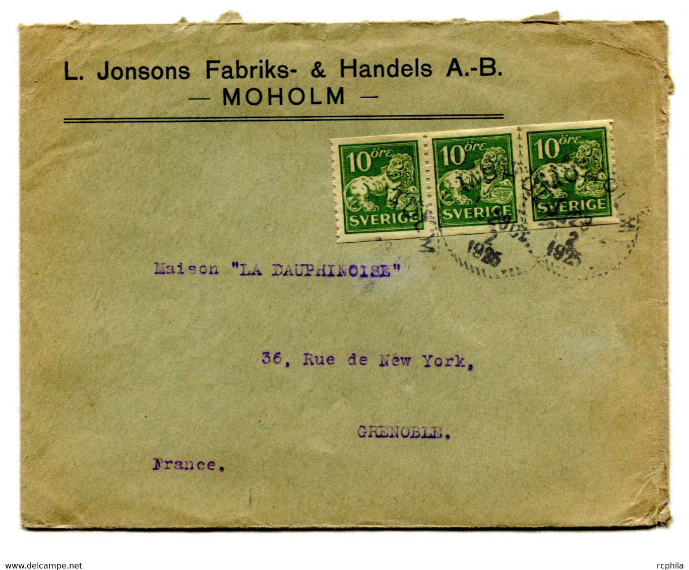 RC 21024 SUEDE 1925 LETTRE DE MOHOLM AVEC EN TETE POUR GRENOBLE FRANCE COVER - Covers & Documents