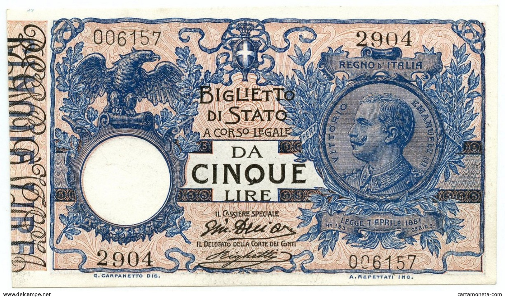 5 LIRE BIGLIETTO DI STATO VITTORIO EMANUELE III FLOREALE 05/11/1914 FDS-/FDS - Otros