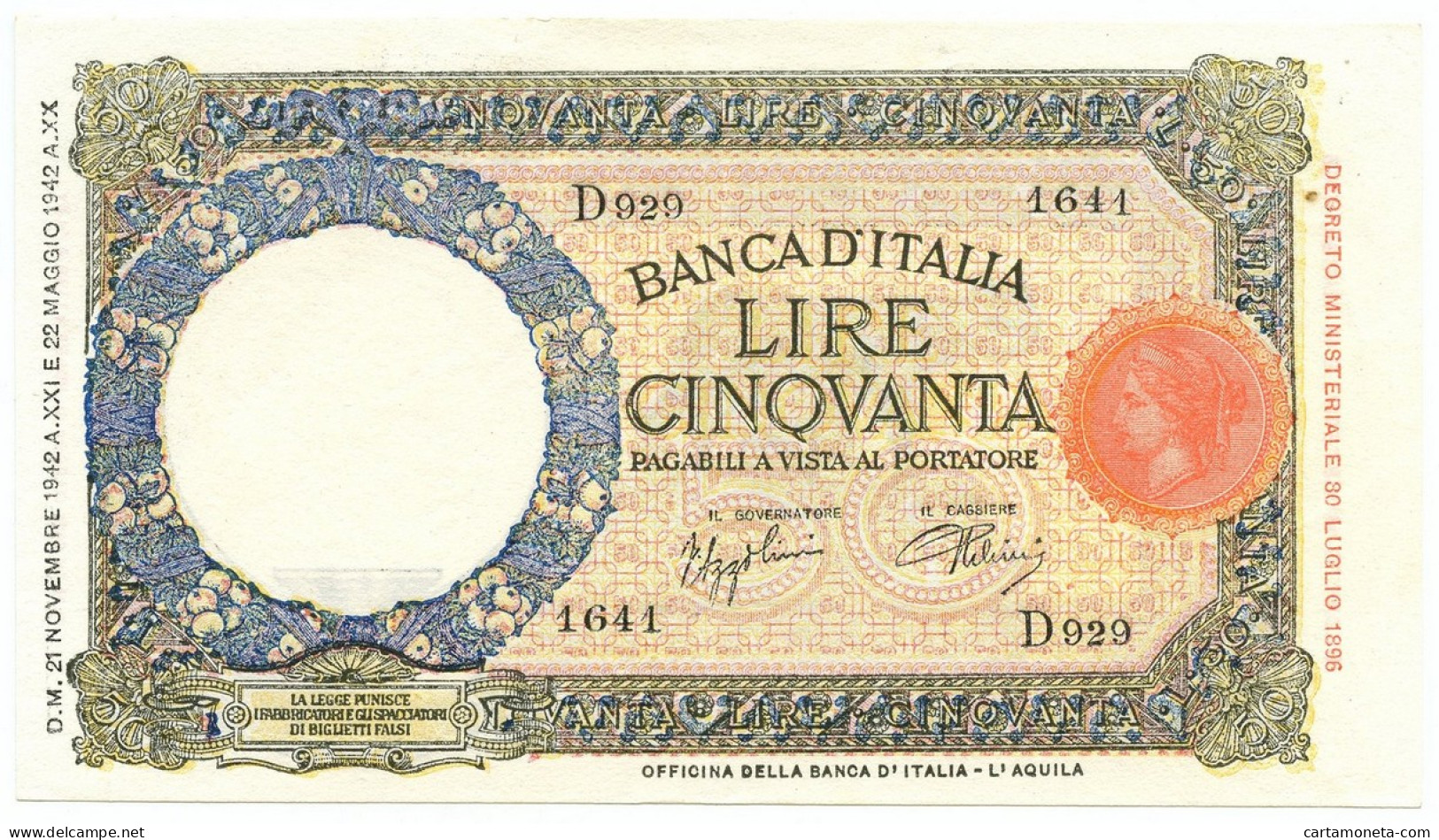 50 LIRE CAPRANESI LUPA CAPITOLINA M. STRETTO FASCIO L'AQUILA 21/11/1942 SPL+ - Regno D'Italia – Other