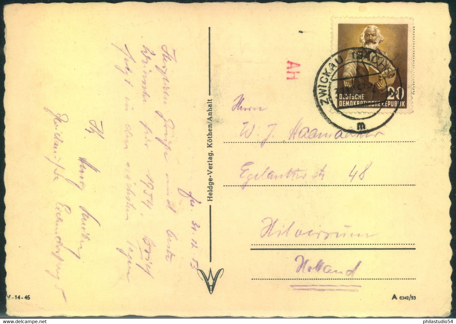 1953, Auslandskarte Ab ZWICKAU Mit EF 20 Pfg. Marx Nach Hilversum, Holland. Dort TRANSORMA - Codierung - Lettres & Documents