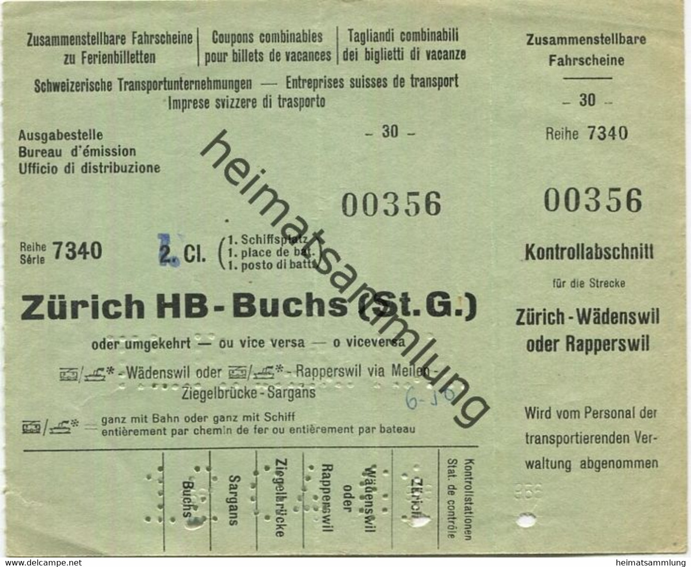Schweiz - Fahrschein Zu Familienbilett - Zürich HB Buchs (ST.G) Oder Umgekehrt - Fahrschein 1. Cl. 1961 - Europa